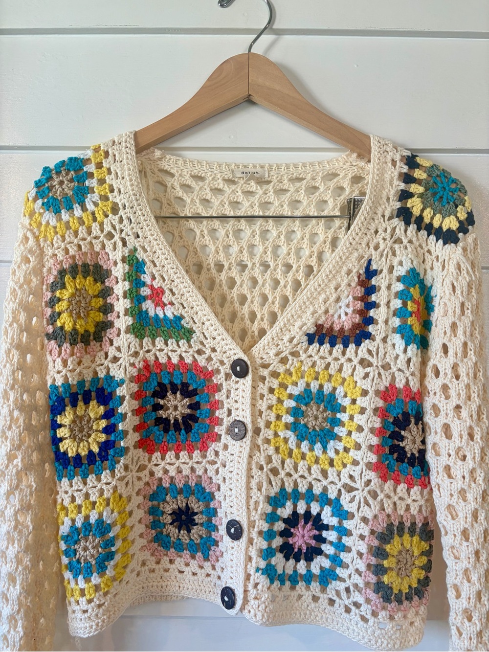 debut Cream Crochet V-Neck Cardigan with Multicolor Granny Squares